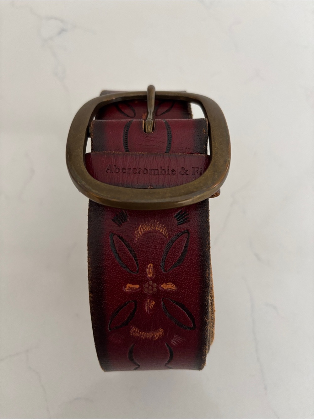 Abercrombie & Fitch Burgundy Leather Floral Embossed Belt with Brass Buckle